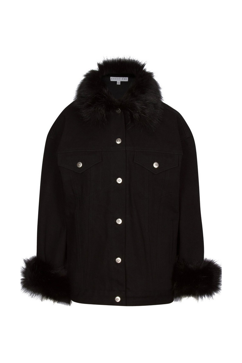 ASOS DESIGN denim jacket with ecru shearling lining in black - ShopStyle